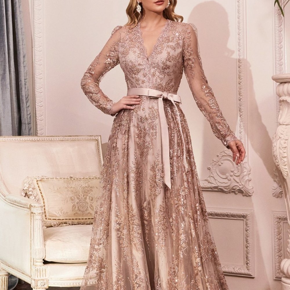 ROSE GOLD MOTHER OF BRIDE EVENING FORMAL GLITTERY LONG SLEEVE A-LINE DRESS CD233